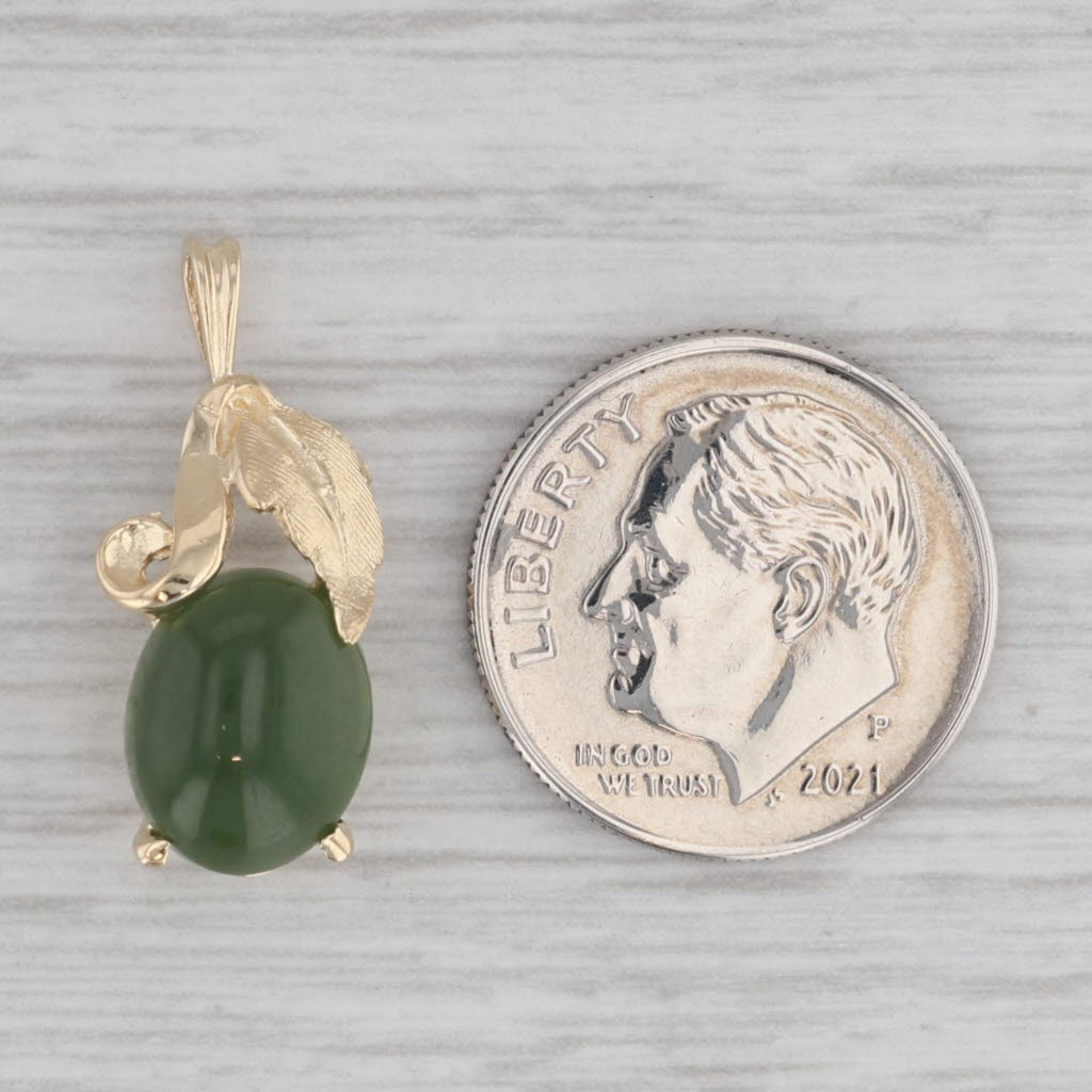 Gray Green Nephrite Jade Pendant 14k Yellow Gold Floral Oval Cabochon Solitaire