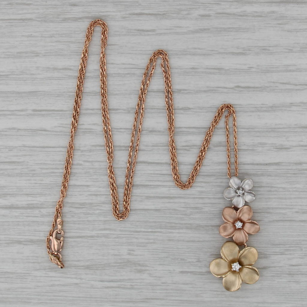 3-Stone Diamond Tri-Toned Flower Pendant Necklace 14k Gold 23.75" Rope Chain