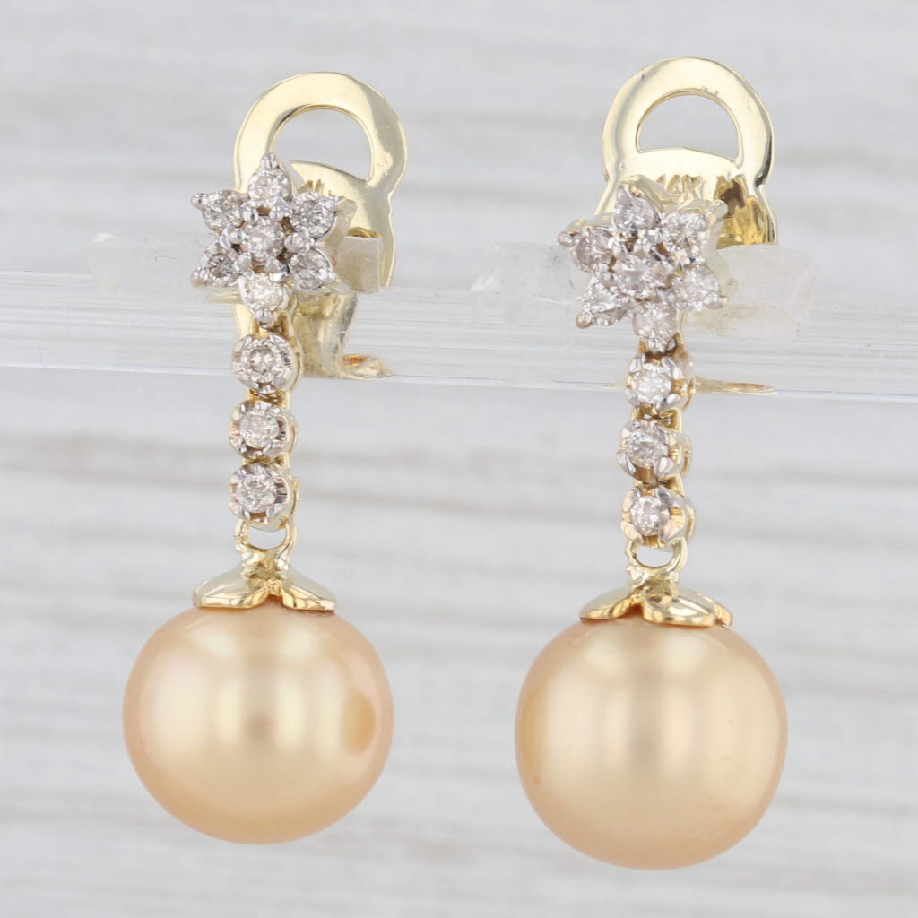 Light Gray 0.38ctw Diamond Cultured Golden Pearl Dangle Earrings 14k Yellow Gold