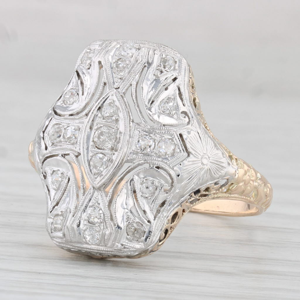 Light Gray Antique Ornate Diamond Ring 10k Gold Palladium Filigree Repousse Size 10.25