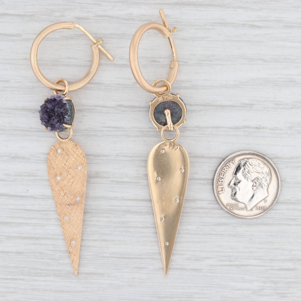 New Nina Wynn Hoop Earrings 18k Gold Druzy Amethyst Diamond Charms