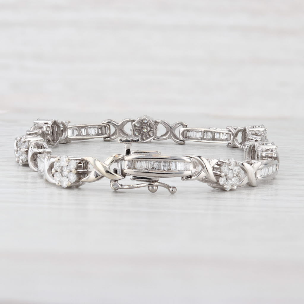 Light Gray 2.25ctw Diamond Flower Cluster Bar Links Tennis Bracelet 14k White Gold 7.5"