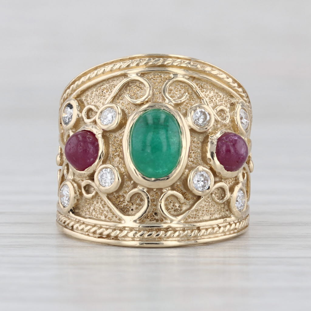 Vintage Ornate Emerald Ruby Diamond Ring 14k Yellow Gold Size 6.25
