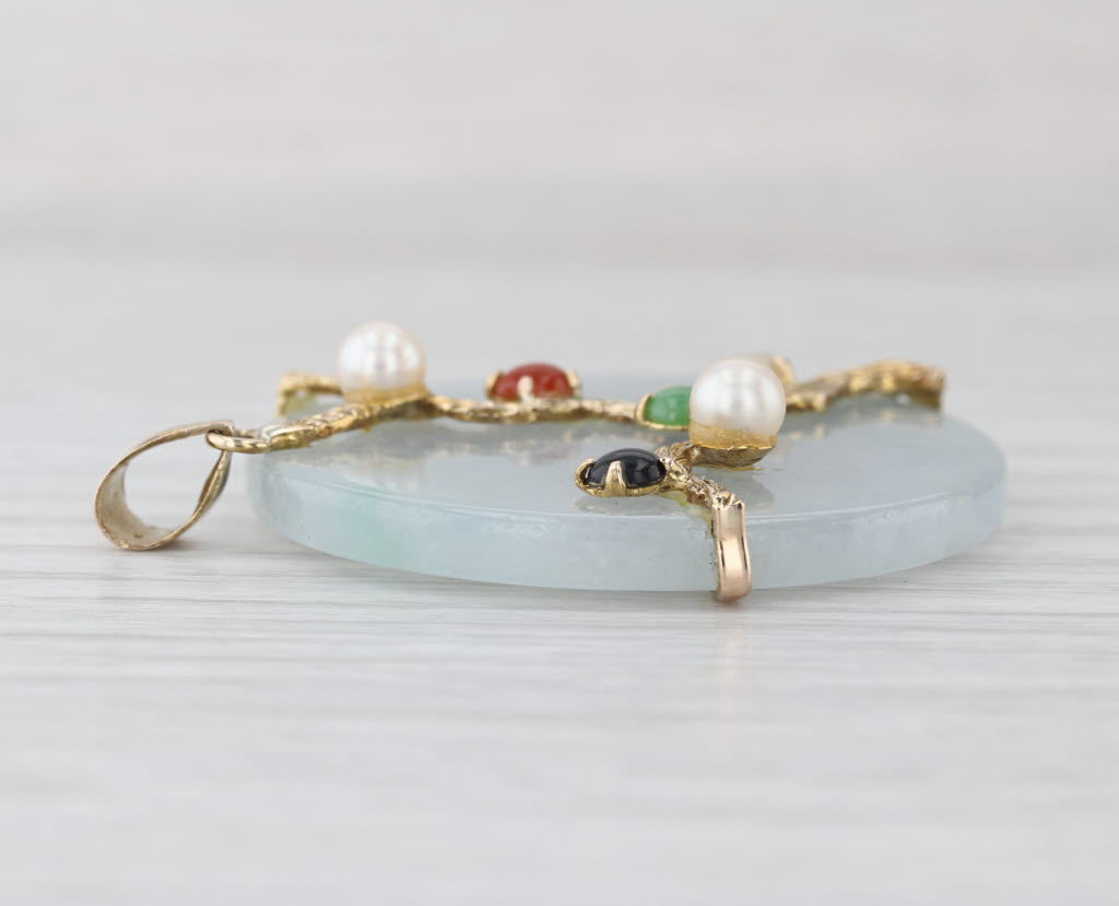 Jadeite Jade Gemstone Tree Pendant 14k Yellow Gold Cultured Pearl Statement