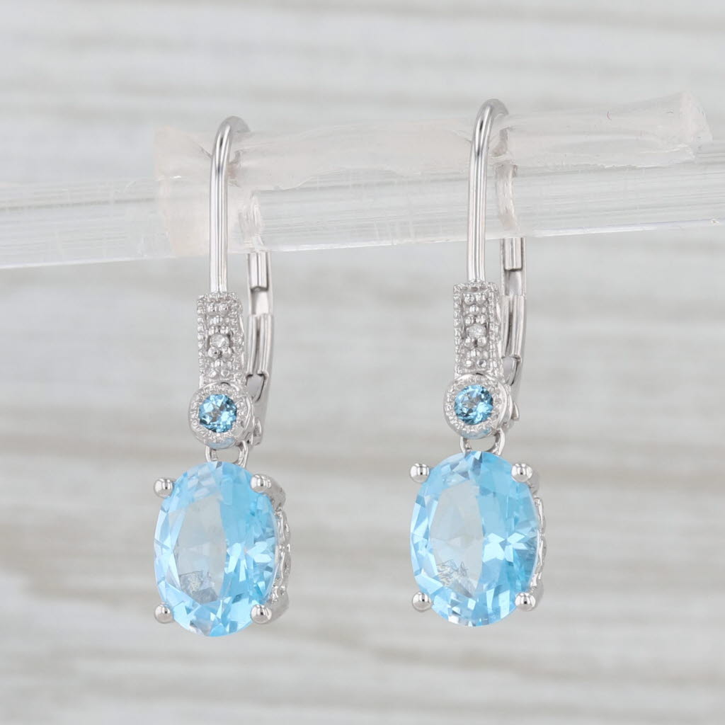 2.84ctw Blue Topaz Diamond Drop Earrings 10k White Gold Lever Back Drops
