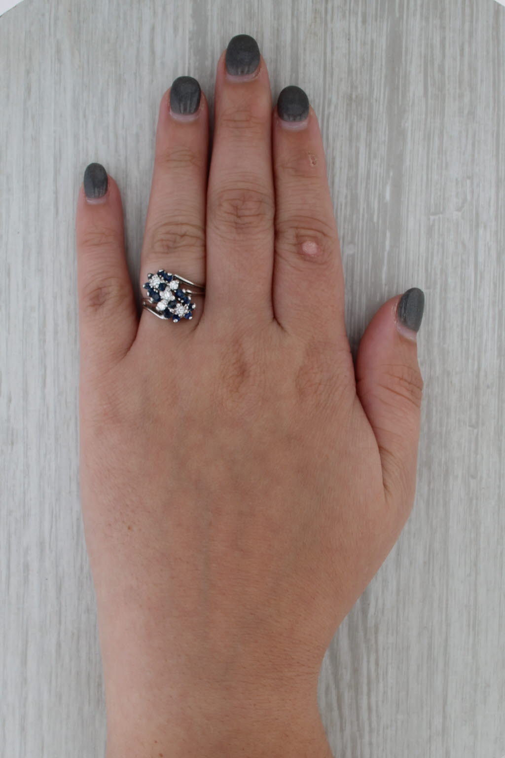 0.89ctw Blue Sapphire Diamond Flower Cluster Bypass Ring 14k White Gold Size 6