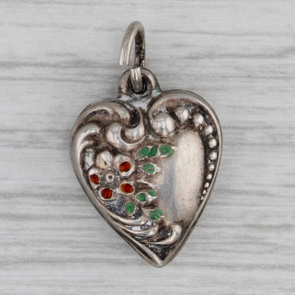 Gray Vintage Puffy Heart Charm Sterling Silver Floral Enamel Engraved Pendant