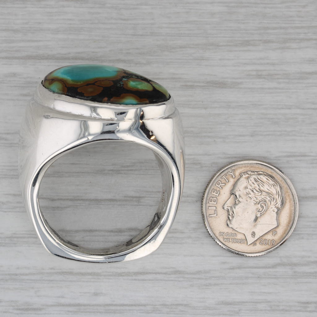 Dark Gray Large Native American Marbled Turquoise Ring Sterling Silver Size 13.5