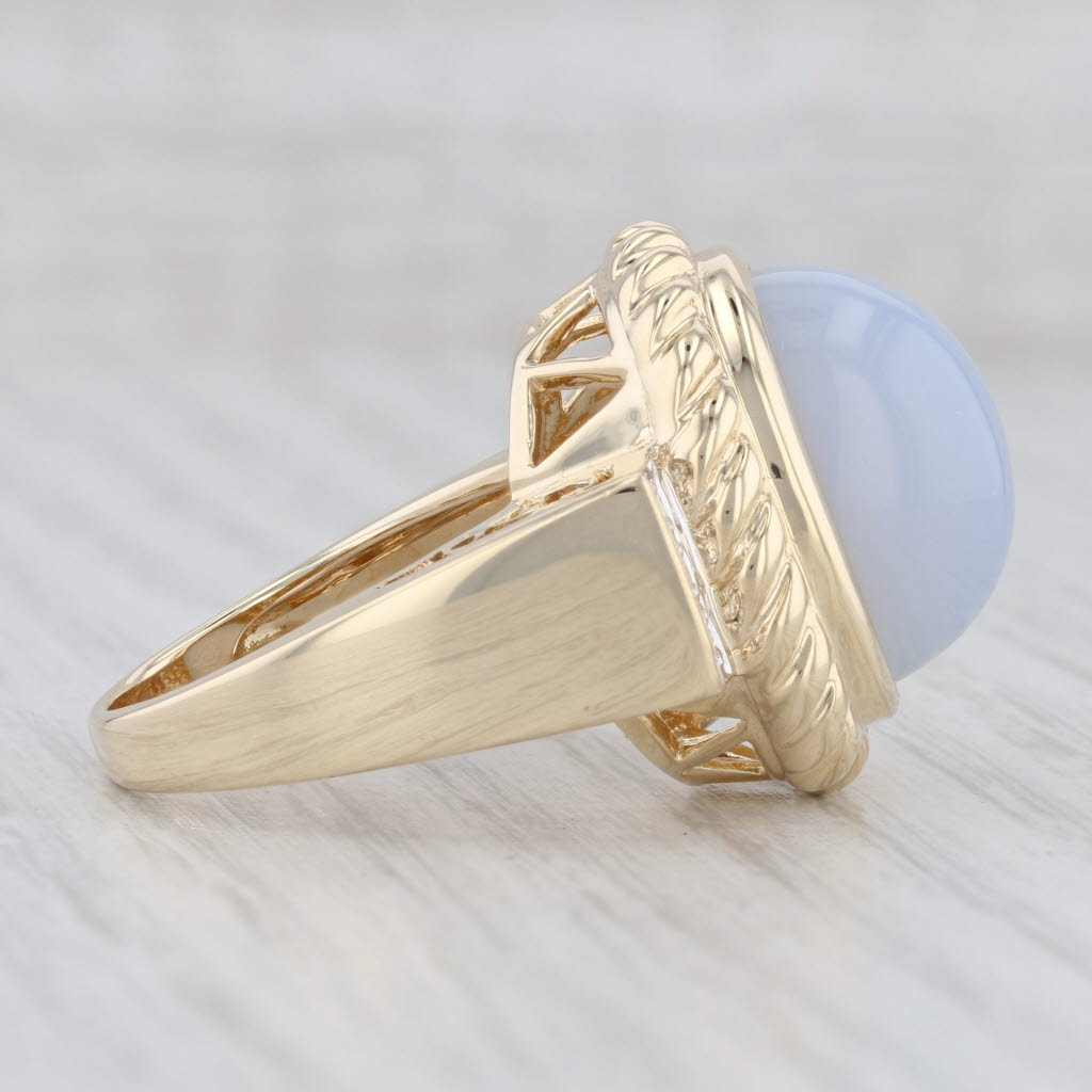 Light Gray Blue Chalcedony Diamond Ring 14k Yellow Gold Size 8.5 Oval Cabochon