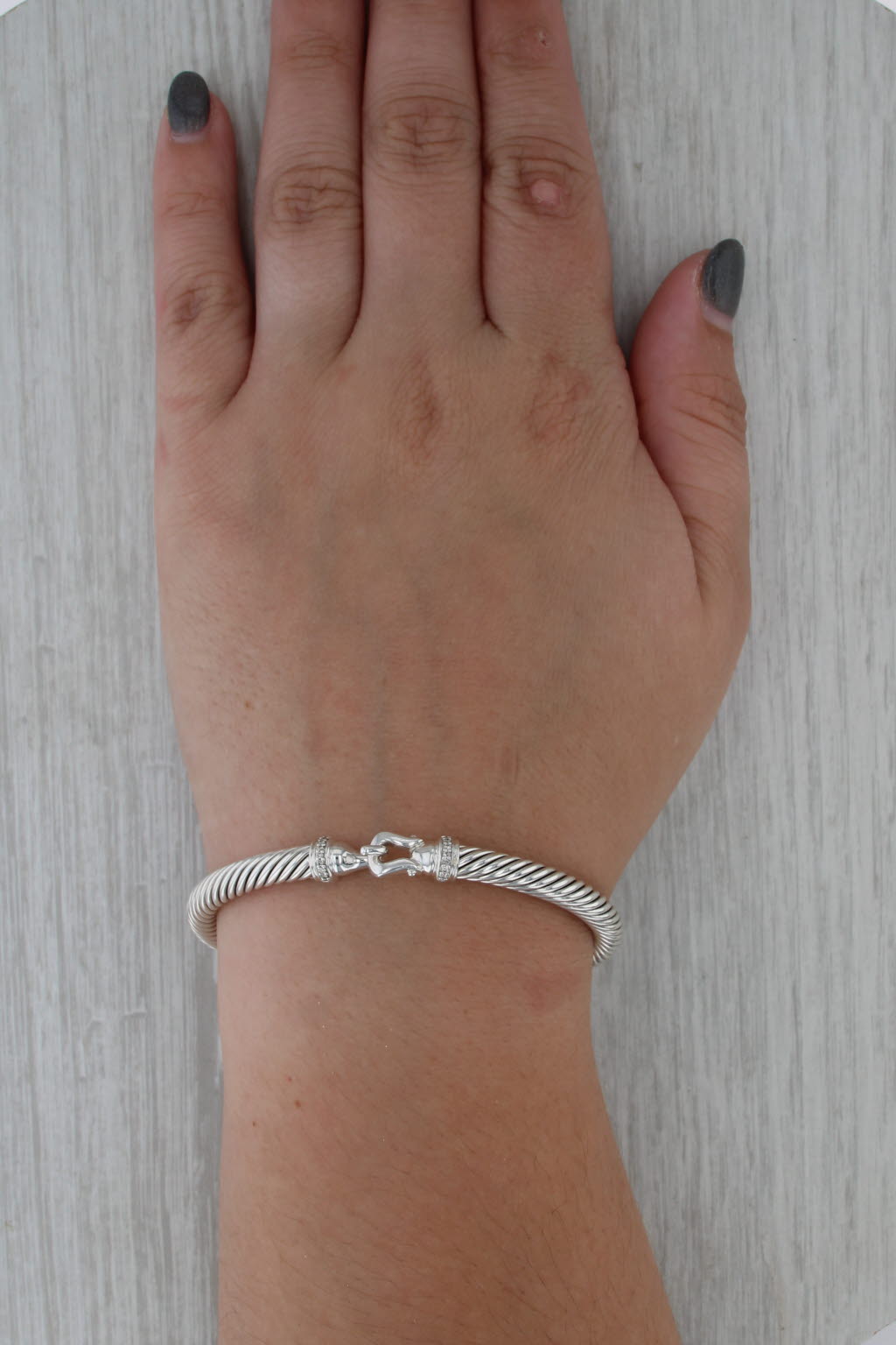 David Yurman Cable Hook Bangle Bracelet Diamond Sterling Silver 6.5" 5mm
