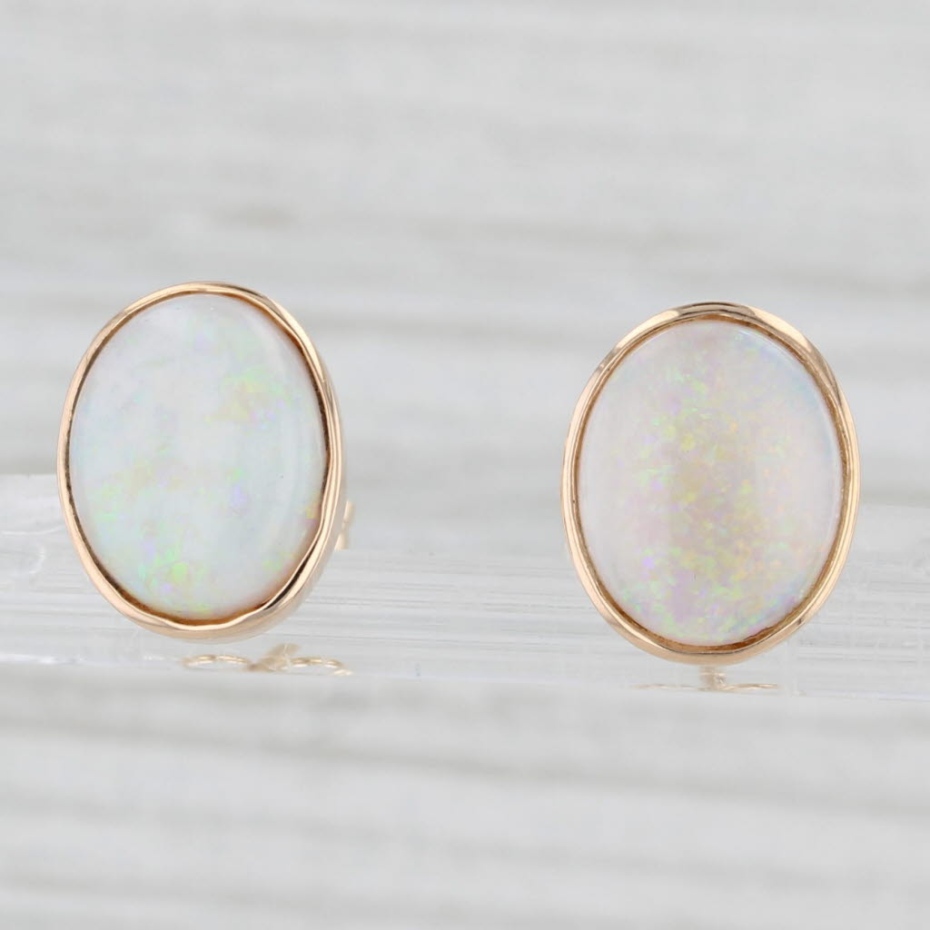 Light Gray Vintage Oval Cabochon Opal Stud Earrings 14k Yellow Gold