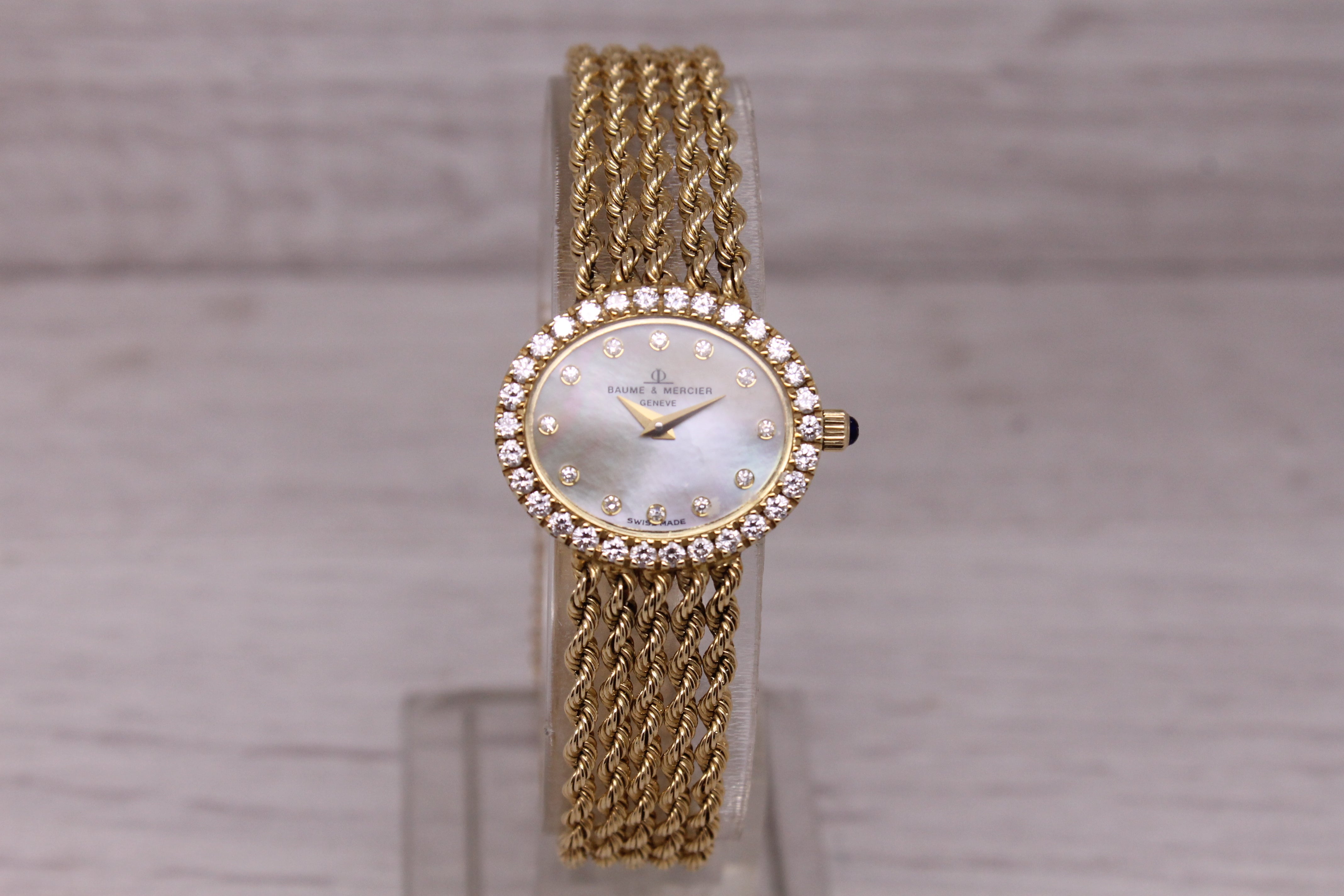 Vintage Baume & Mercier 14k Yellow Gold Ladies MOP & Diamond Rope Dress Watch