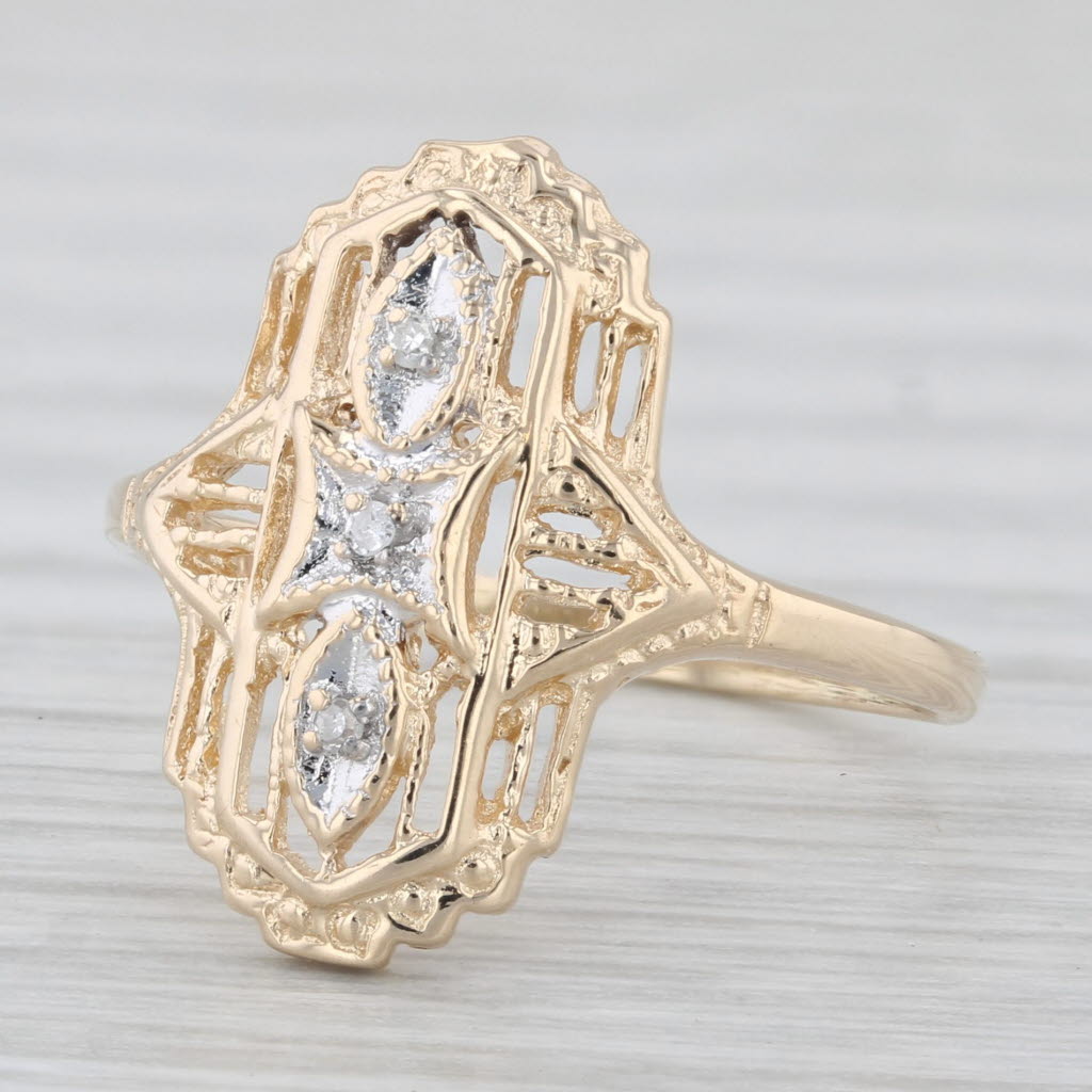 Light Gray Vintage Diamond Ring 14k Yellow Gold Ornate Openwork Size 6