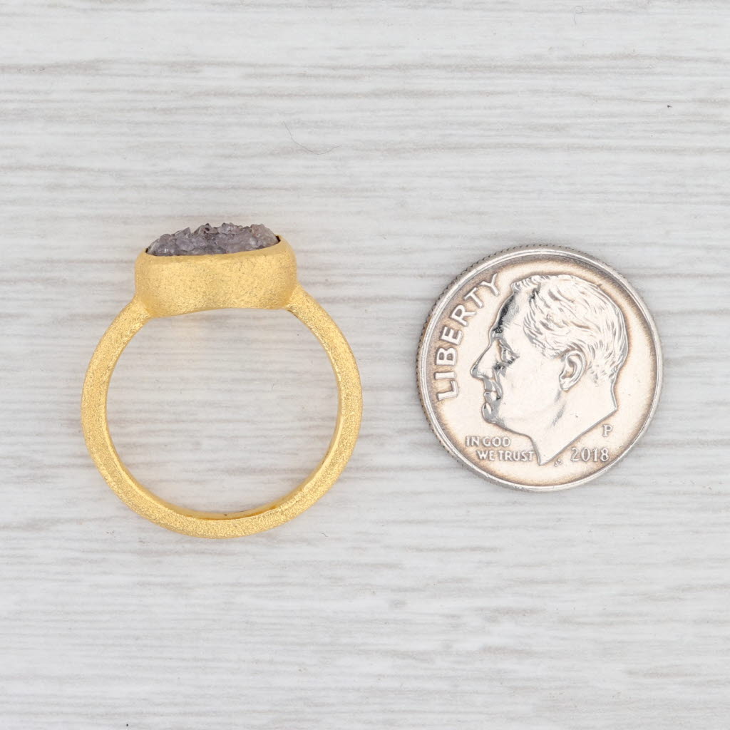 New Nina Wynn Ring Black Druzy Quartz Sterling Silver 22k Gold Vermeil Size 6