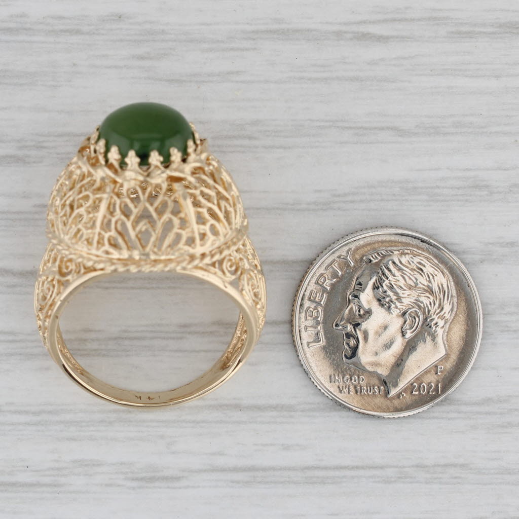 Gray Green Nephrite Jade Ornate Openwork Ring 14k Yellow Gold Size 6.25 Cocktail