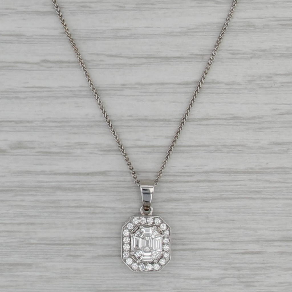 0.80ctw Diamond Halo Pendant Necklace 14k White Gold 18.25" Wheat Chain
