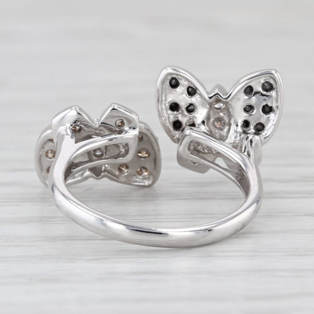 0.60ctw Diamond Butterfly Ring 14k White Gold Adjustable Sz 7 Black White Brown