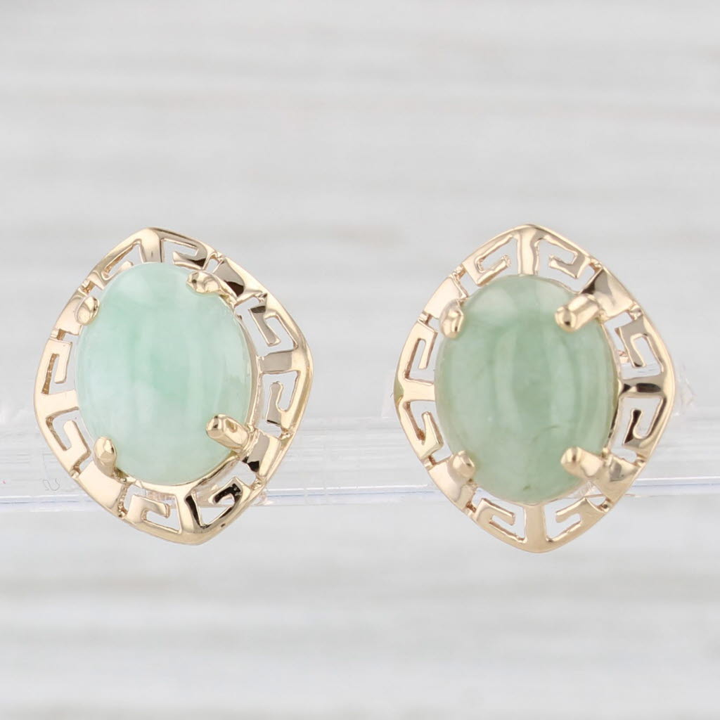 Light Gray Green Jadeite Jade Greek Key Pattern Stud Earrings 14k Yellow Gold