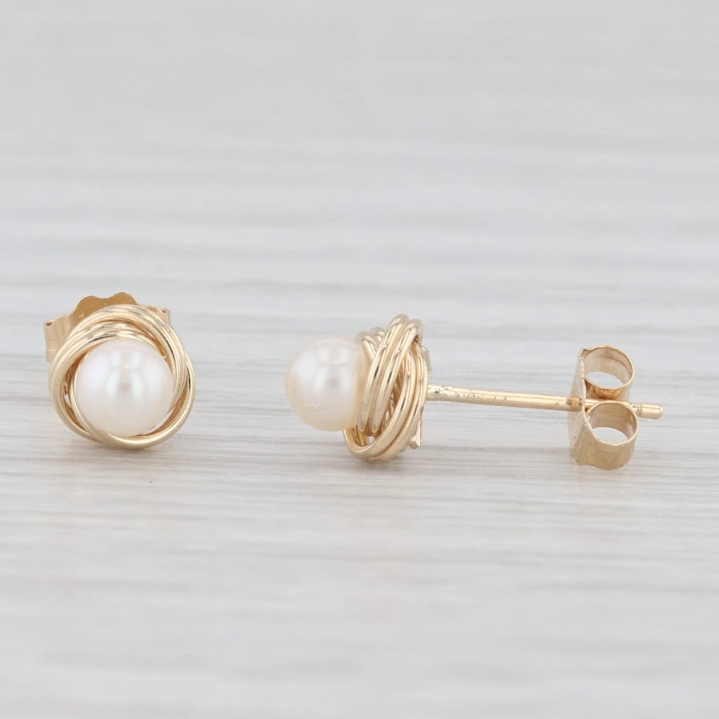 Light Gray Round White Cultured Pearl Knot Stud Earrings 14k Yellow Gold
