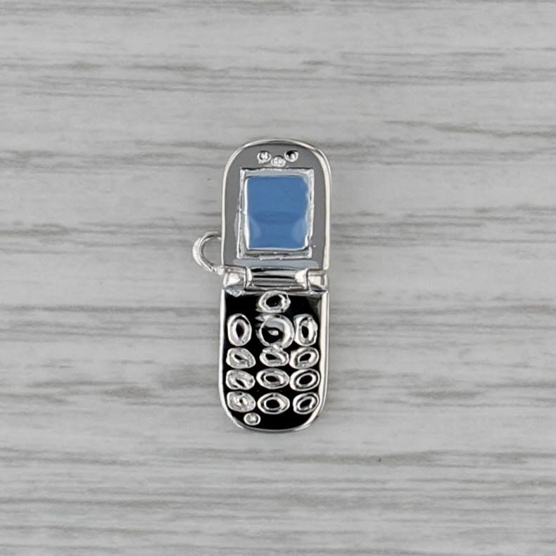 Vintage Retro Cellphone Charm Sterling Silver Enamel Flip Phone Pendant