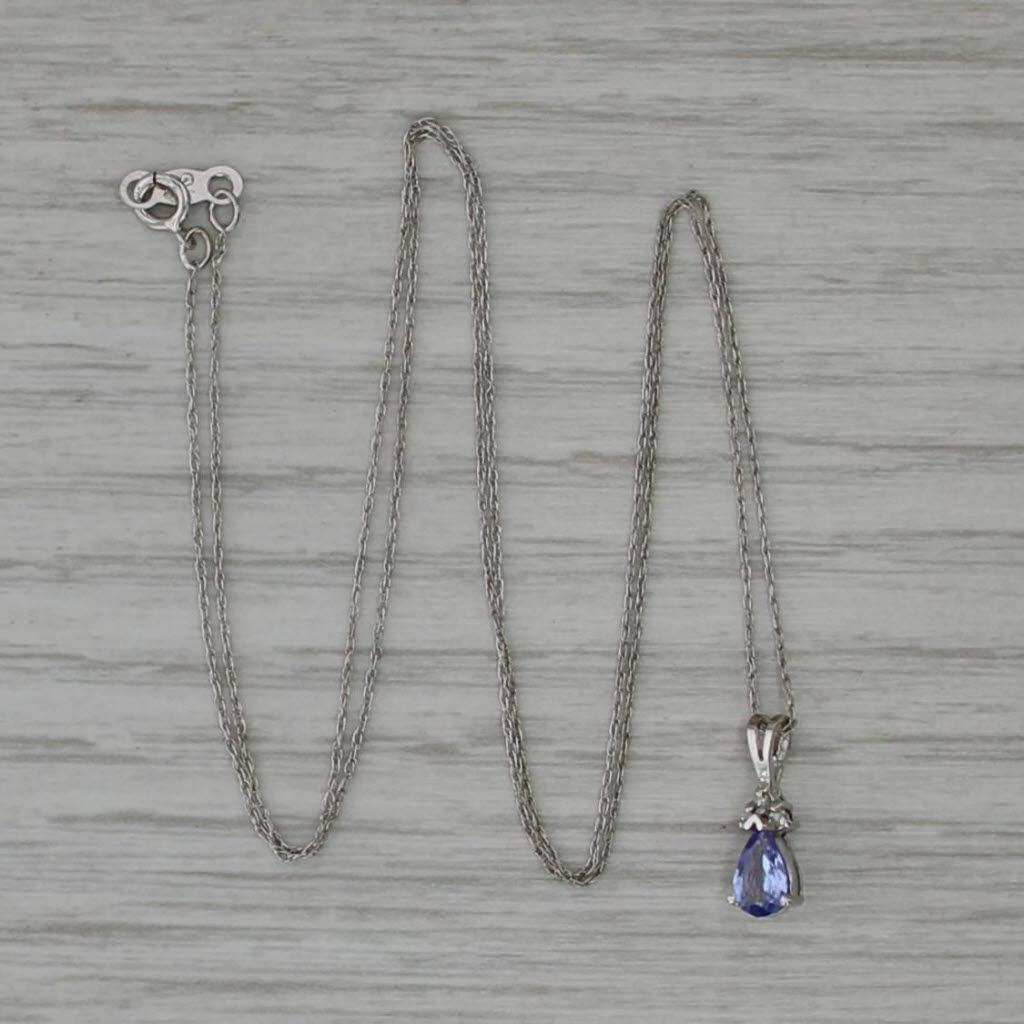 0.28ct Tanzanite Diamond Teardrop Pendant 10k White Gold 19" Rope Chain