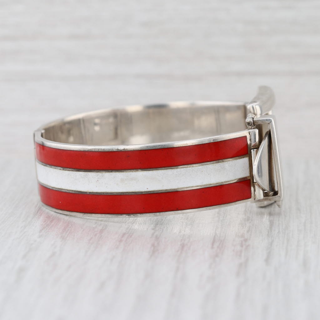 Gucci Belt Bangle Bracelet Sterling Silver Red White Enamel 6.5"