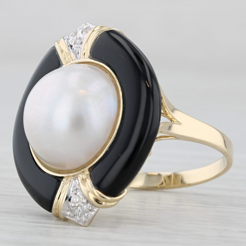 Light Gray Mabe Pearl Diamond Onyx Ring 14k Yellow Gold Size 8 Cocktail