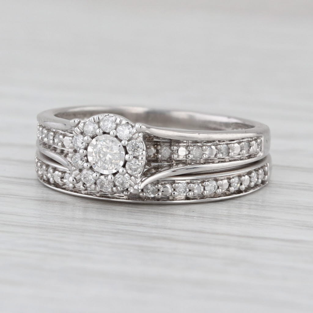 0.22ctw Diamond Halo Engagement Ring Wedding Band Sz 7 10k White Gold Bridal Set