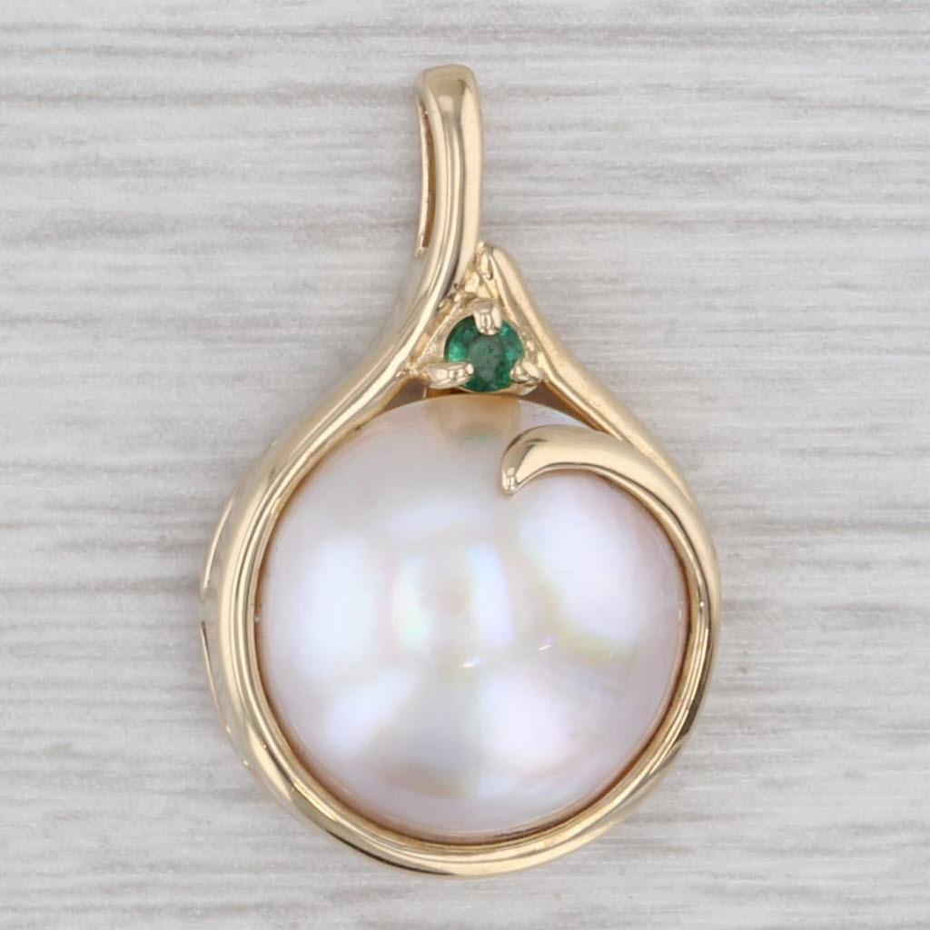 Light Gray Mabe Pearl Emerald Drop Pendant 14k Yellow Gold