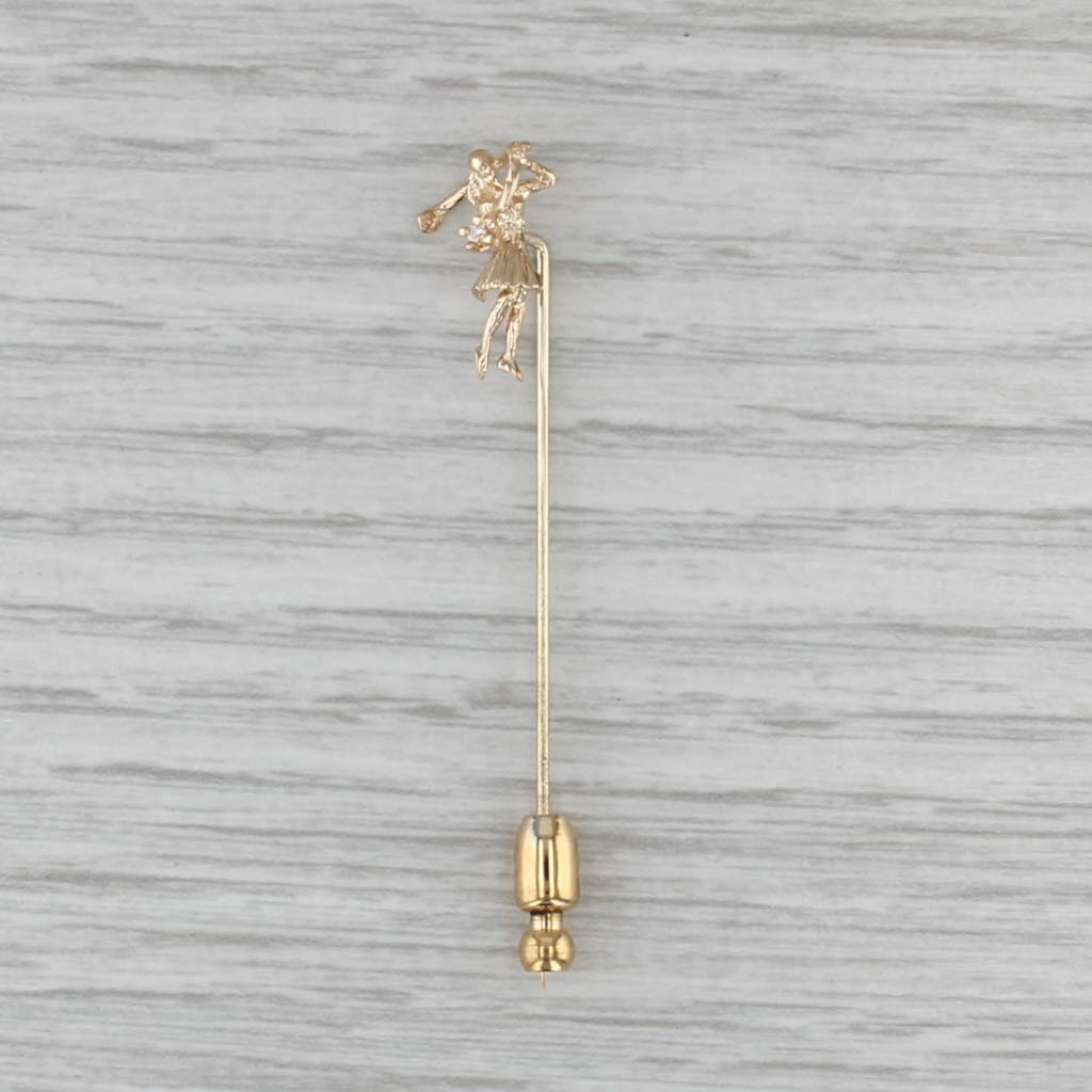 Retro Female Golfer Stickpin 14k Yellow Gold Diamond Pin