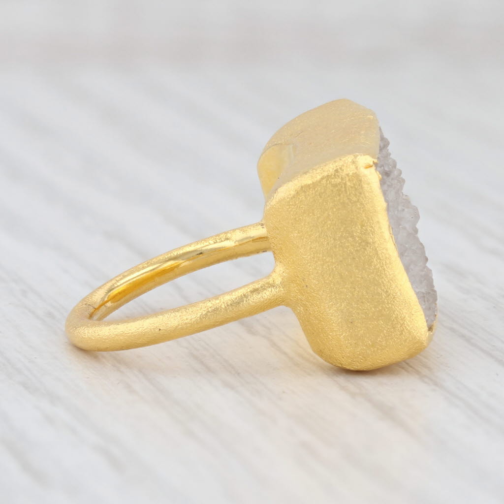 New Nina Wynn White Druzy Quartz Ring Sterling Silver 22k Gold Vermeil Size 6