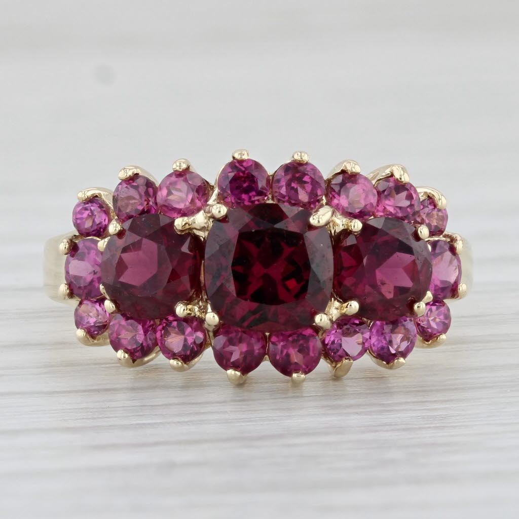 Light Gray 4.09ctw Garnet Ring 10k Yellow Gold Size 9.25 3-Stone Halo