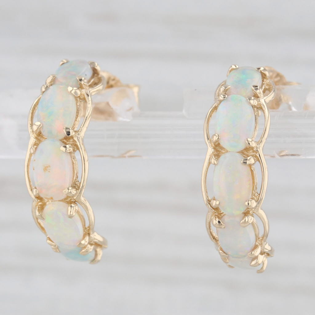 Light Gray Opal Half Hoop Earrings 14k Yellow Gold Pierced Drops