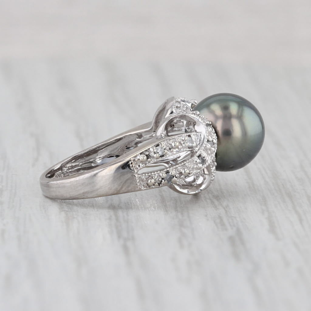 Black Cultured Pearl Diamond Ring 14k White Gold Size 5