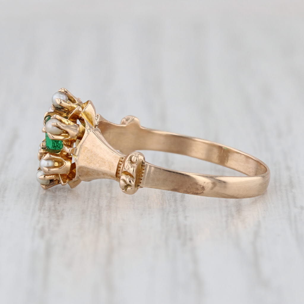 Victorian Green Garnet Glass Pearl Halo Ring 10k Yellow Gold Antique Size 8