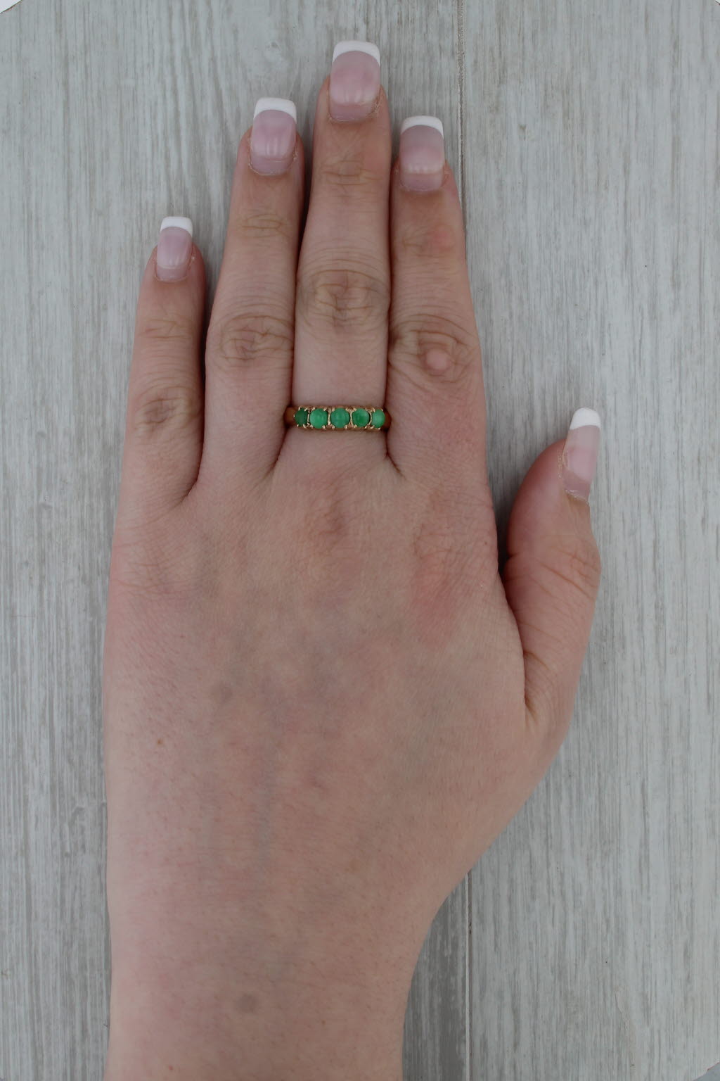 Vintage Green Jadeite Jade Ring 14k Yellow Gold Size 8 Stackable Round Cabochons