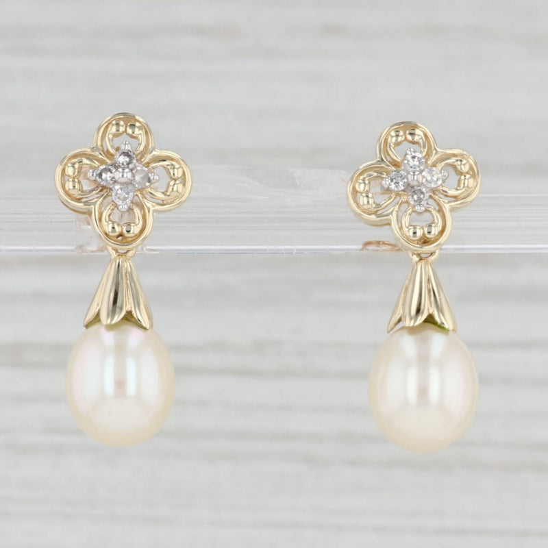 Light Gray Cultured Pearl Teardrop Diamond Flower Earrings 10k Yellow Gold Drops