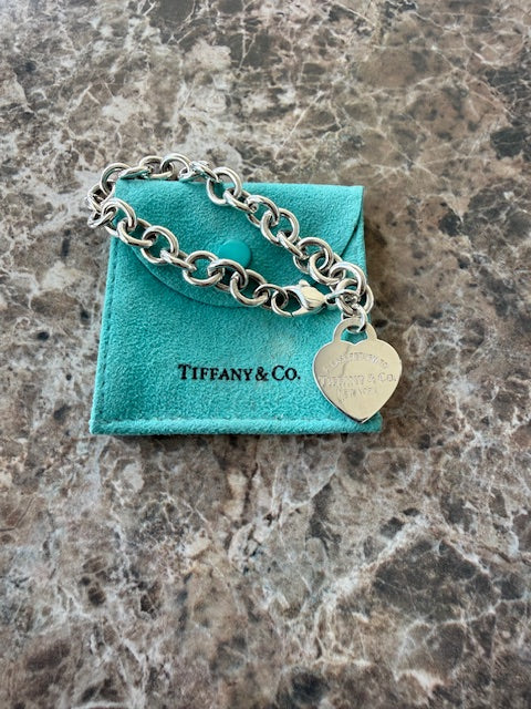Tiffany ID Heart Return Tag Charm Bracelet w/ Pouch Sterling Silver 7"
