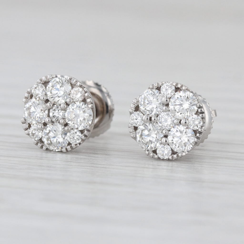 1ctw VS2 G-H Diamond Cluster Stud Earrings 14k White Gold Screw Back Studs