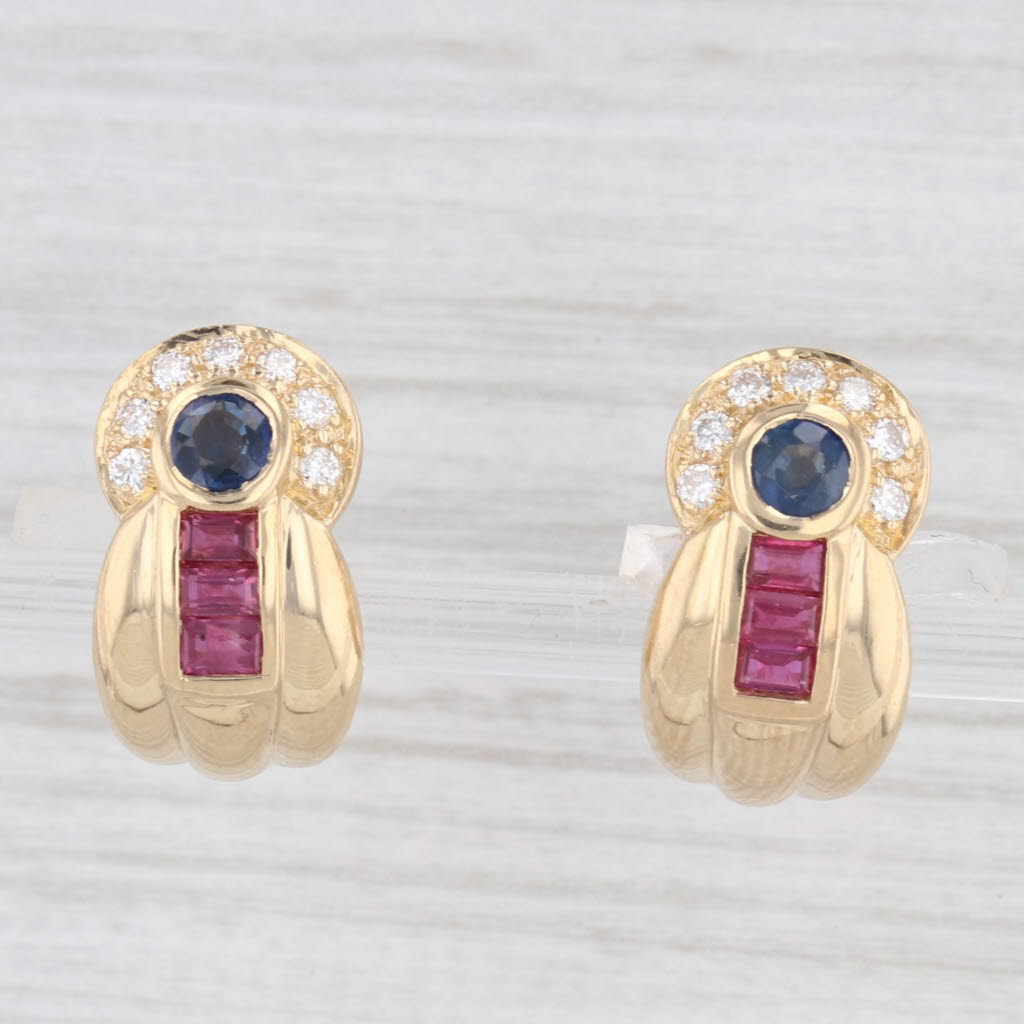 Light Gray 1.72ctw Sapphire Ruby Diamond J-Hook Earrings 18k Yellow Gold Omega Backs