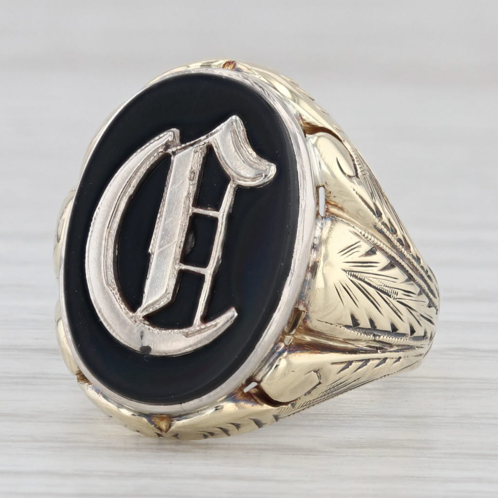 Light Gray Vintage Black Onyx Oval Tablet Signet Ring 10k Yellow Gold Size 7.75