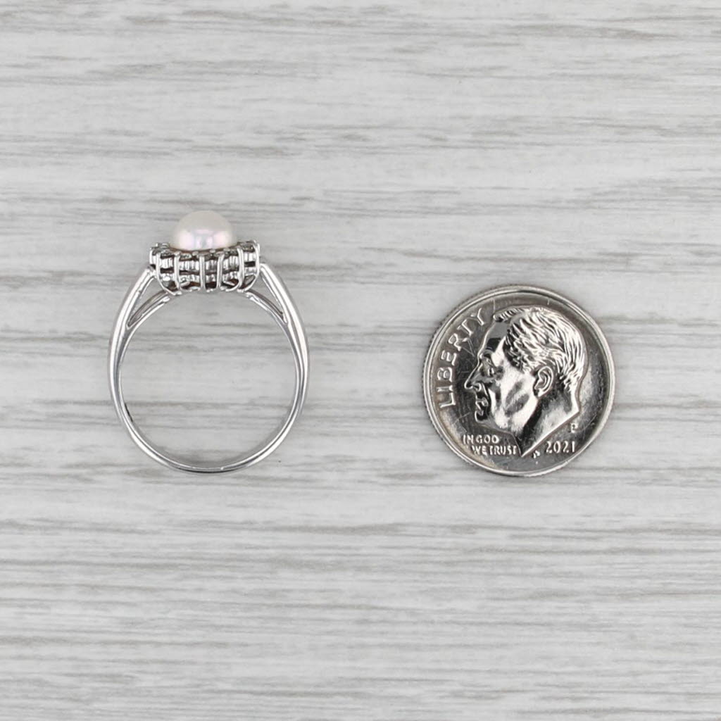 6mm Cultured Pearl Diamond Halo Ring 10k White Gold Size 5.5