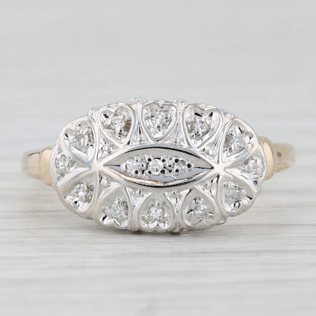 Light Gray Vintage Diamond Princess Ring 14k White Yellow Gold Size 6.75 Heart Pattern