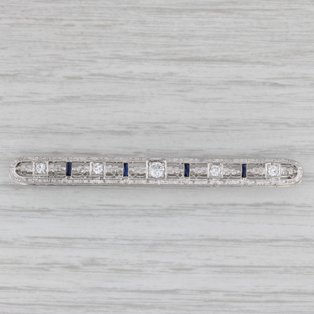 Gray Art Deco 0.44ctw Diamond Lab Created Sapphire 14k Gold Filigree Bar Pin