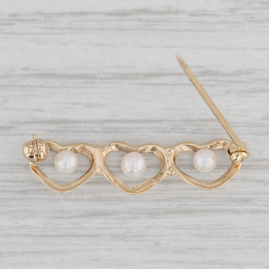 Gray Vintage Cultured Pearl Hearts Bar Pin 14k Yellow Gold