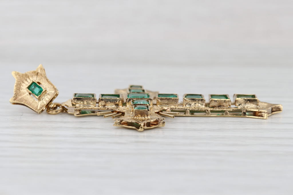Vintage 3ct Emerald Rayed Cross Pendant 18k Yellow Gold Ornate Large Drop