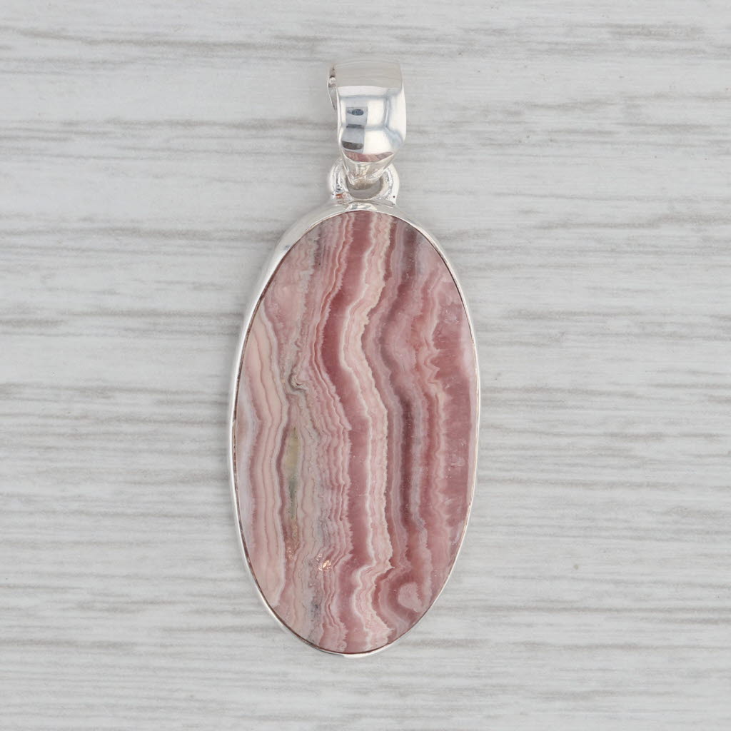 Gray Marbled Red Rhodochrosite Oval Cabochon Pendant Sterling Silver Statement