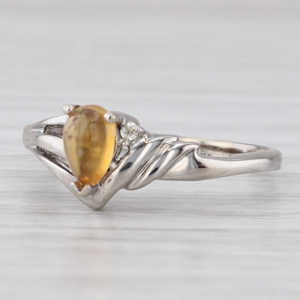 Light Gray Pear Cabochon Citrine Solitaire Ring 14k White Gold Size 7