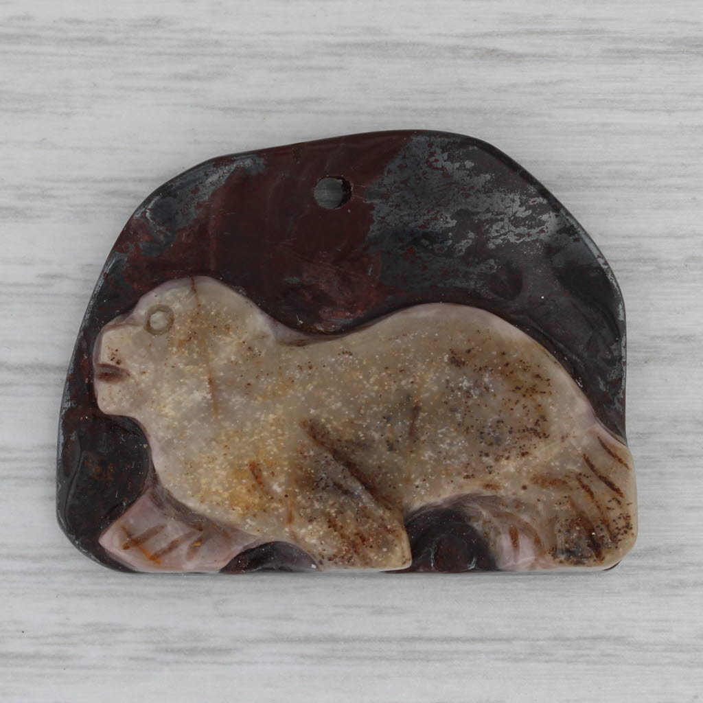 Vintage Jasper Hematite Carved Seal Pendant Marbled Brown Stone