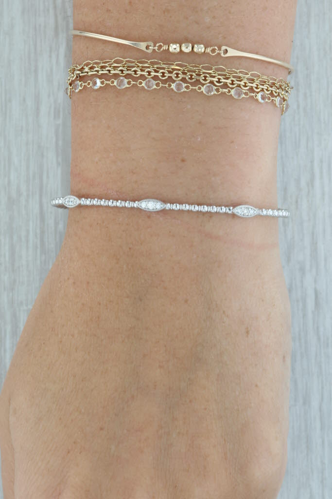 Rosy Brown New 0.21ctw Diamond Bead Flexible Bangle Bracelet 14k White Gold 6.75"